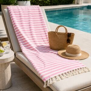 Hello Poolside Turkish Beach Towel Pink & White Stripe NEW Cabana Blanket Resort